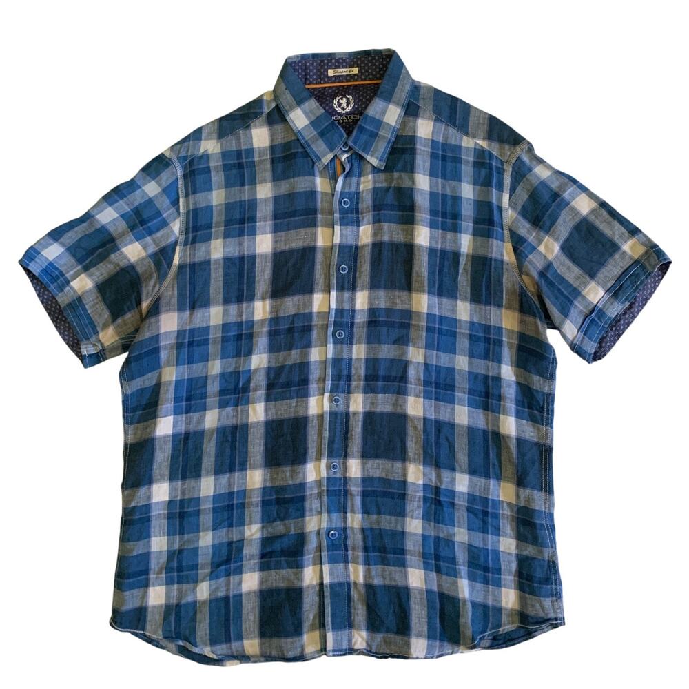 Bugatchi Uomo Men's Size M Shaped Fit Button Up Short Sleeve Plaid Linen Shirt